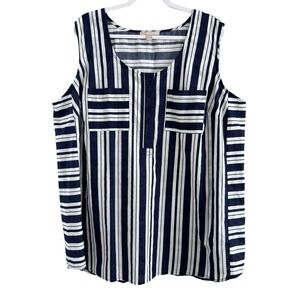 Woman Within Tunic Blouse Navy Blue White Stripe Cotton Sleeveless Women's 1X